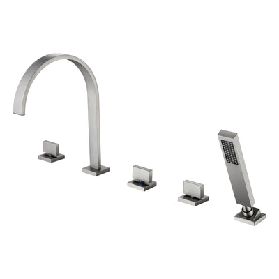 صنبور حوض استحمام روماني بخمسة ثقوب من SUMERAIN بتشطيب نيكل مصقول، صنبور حوض استحمام حديث بثلاث مقابض على شكل شلال مع دش يدوي، تدفق عالي