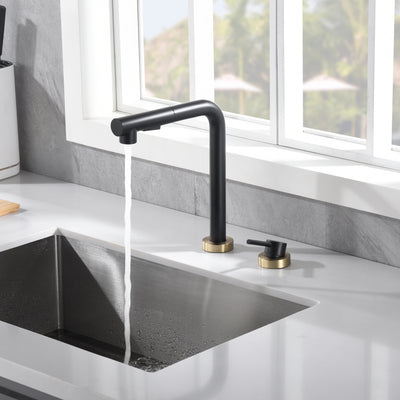 SUMERAIN Kitchen Sink Faucet 2 Hole with Pull Out Sprayer and Side Handle, Black and Gold