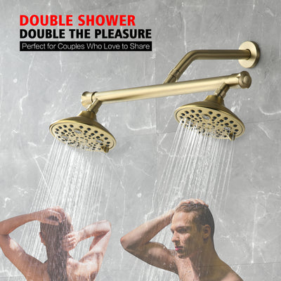 sumerain 2-in-1 Dual Shower Heads with Shut-off Valve for Two People,High Pressure 6 Function Sprayer and 20" Long Shower Arm,Brushed Gold