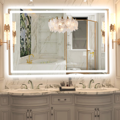 مرآة حمام LED عصرية من SUMERAIN للجدار، بحجم 55 × 36 بوصة، مرآة حمام ذكية مضاءة بزجاج مقسى مع مقاومة للضباب، سطوع قابل للتعتيم، 3 درجات حرارة لون، مرآة تجميل LED أكثر سطوعًا