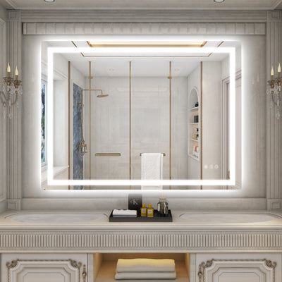 مرآة حمام LED ذكية كبيرة من Sumerain بحجم 48 × 36 بوصة — مرآة تجميل ذكية مضاءة من الخلف والأمام، مقاومة للضباب، تعتيم بدون خطوات، 3 أوضاع ألوان، وظيفة الذاكرة، زجاج مقسى