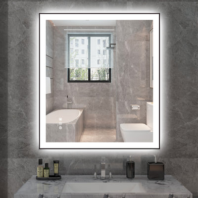 مرآة حمام LED من سوميرين مع أضواء، 32"x36" مرآة حمام مضادة للضباب بإضاءة أمامية وخلفية للحائط، سطوع قابل للتعتيم، 3 درجات حرارة لونية