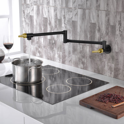 SUMERAIN Pot Filler Faucet Wall Mount Kitchen Faucet Black and Gold Double Joint Swing Arms, Two Handle