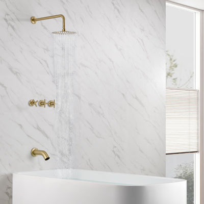 3 Handle Brushed Gold Tub and Shower Faucet Set with Waterfall Tub Spout