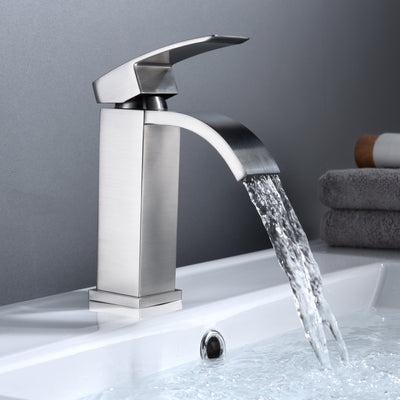 Waterfall Bathroom Faucet, Vanity Faucets Brushed Nickel Finish