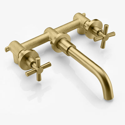 Brushed Gold Wall Mount Bathroom Faucet Two Cross Handles and Rough-in Valve Included