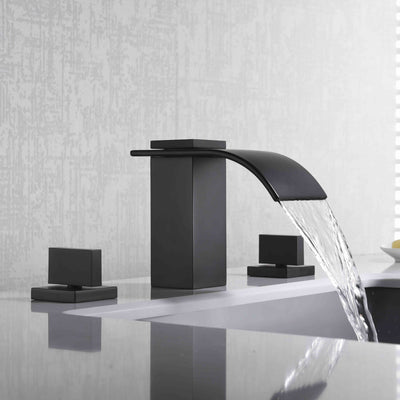3 Hole 2 Handle Matte Black Widespread Waterfall Bathroom Faucet 8 Inch Bathroom Sink Faucet