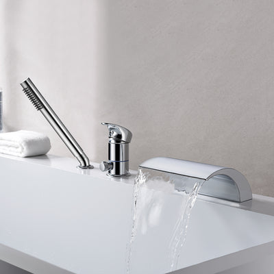 3 Hole Waterfall Roman Tub Faucet Deck Mount Bathtub Faucet with Hand Shower Chrome Finish
